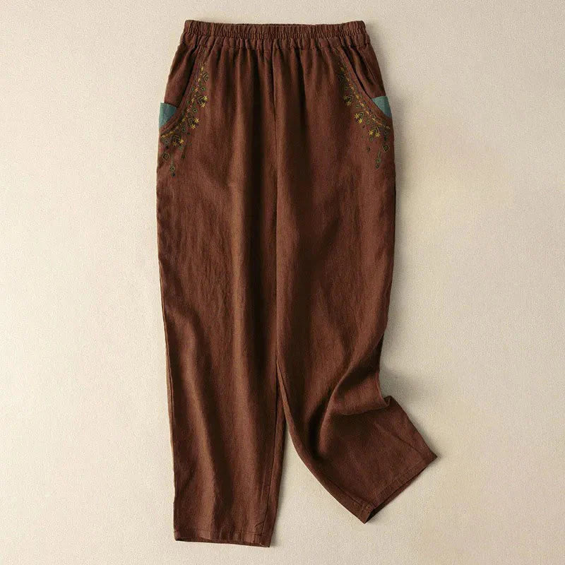 Buddha Stones Vintage Embroidery Elastic Waist Capri Harem Pants With Pockets