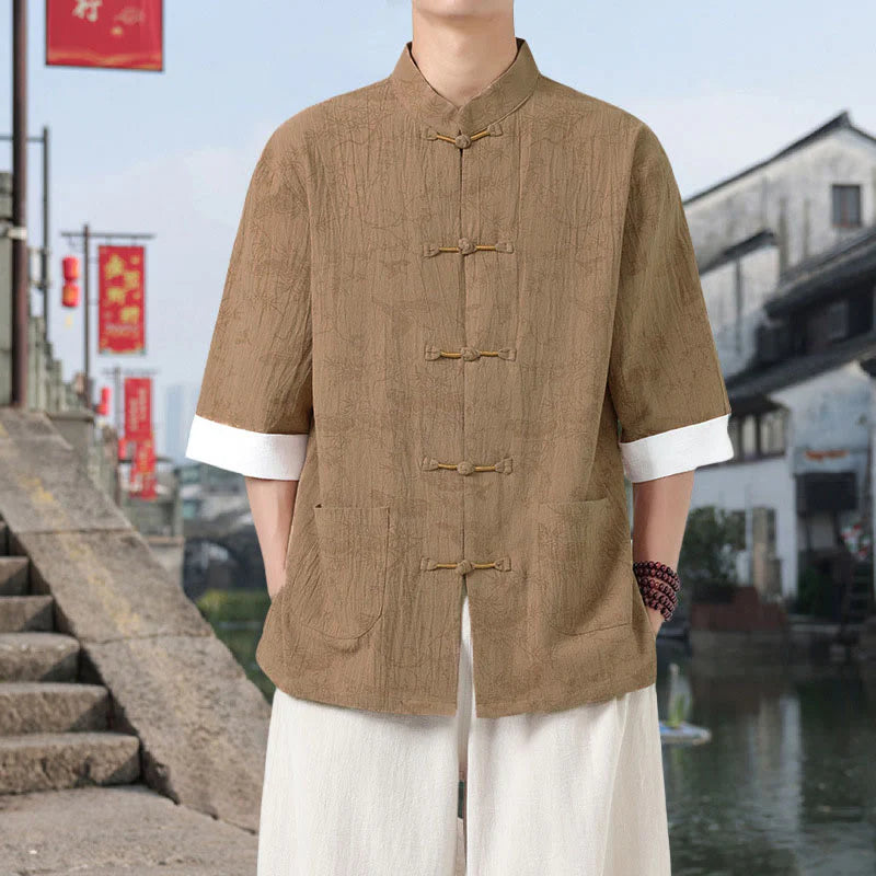 Buddha Stones Summer Crane Pine Tree Pattern Tang Suit Men's Frog-Button Half Sleeve Cotton Shirt With Pockets