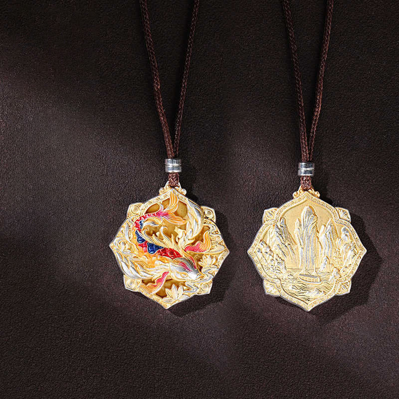 Buddha Stones 999 Sterling Silver Colorful Koi Fish Carved Luck Necklace Pendant