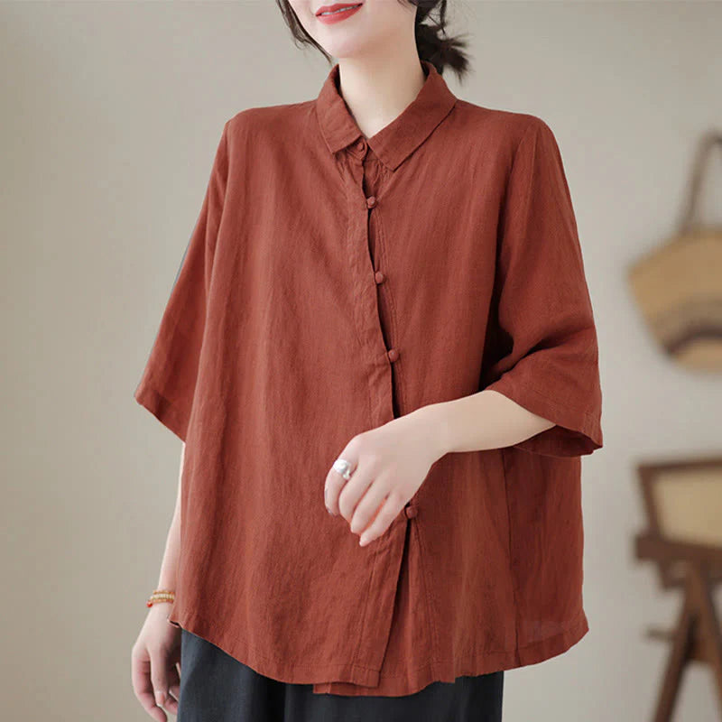 Buddha Stones Lapel Frog-Button Diagonal Placket Design Three Quarter Sleeve Women's Cotton Shirt