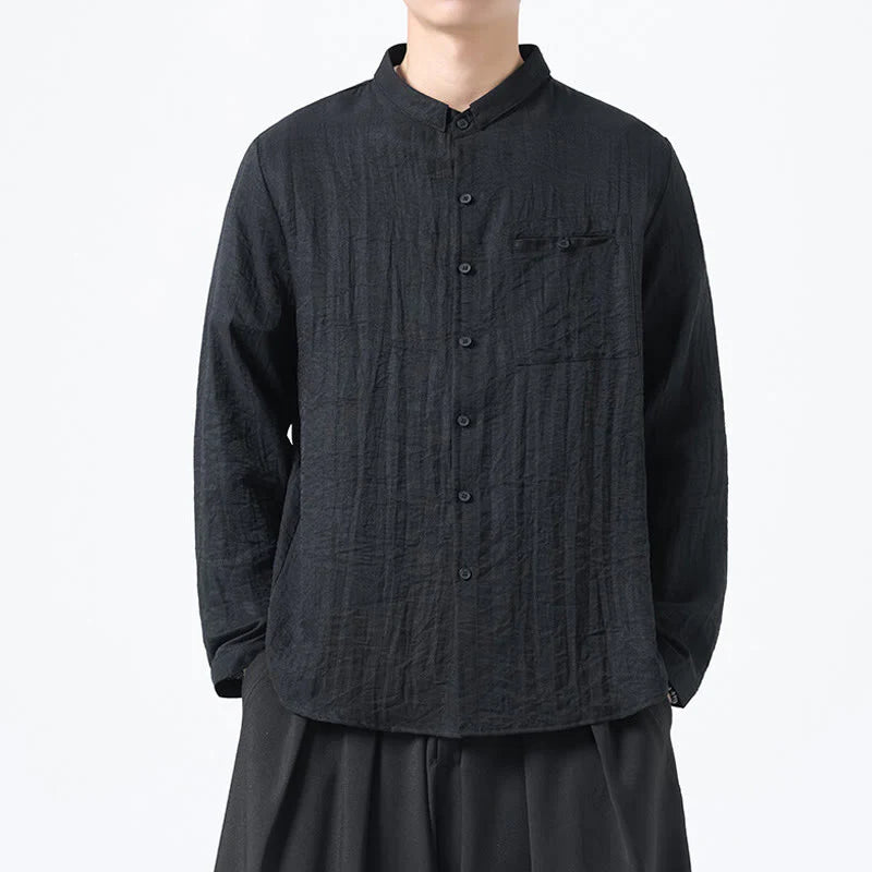 Buddha Stones Vintage Plain Buttons Down Stand Collar Long Sleeve Men's Cotton Shirt