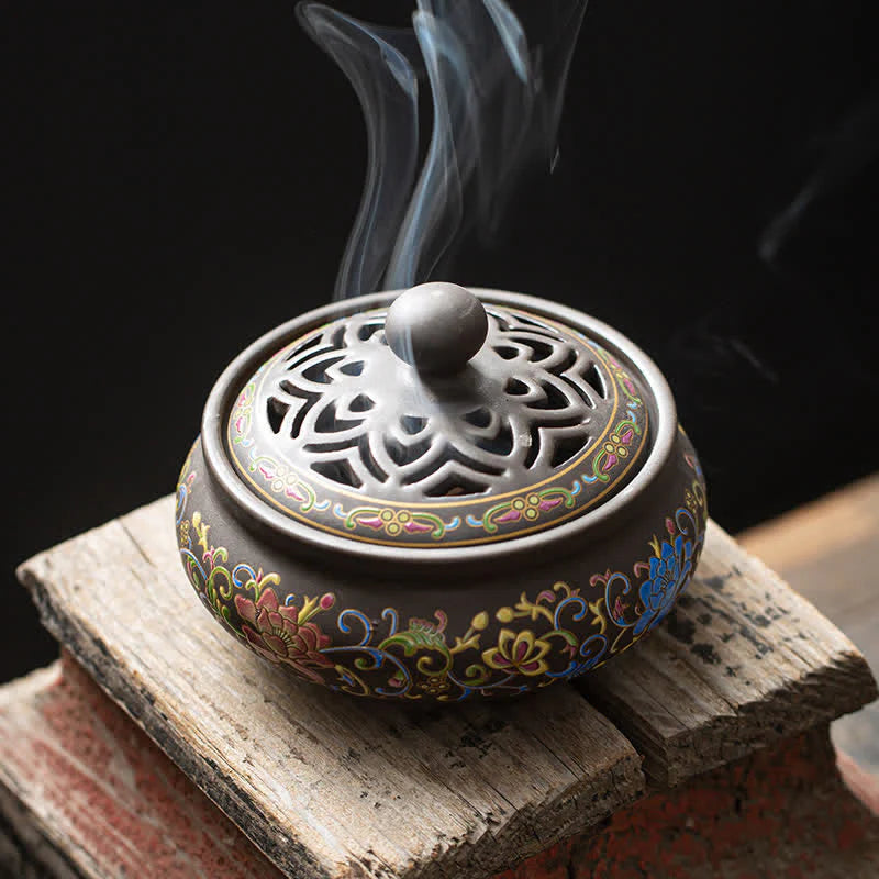Buddha Stones Tibetan Floral Pattern Ceramic Blessing Incense Burner Decoration (Extra 35% Off | USE CODE: FS35)