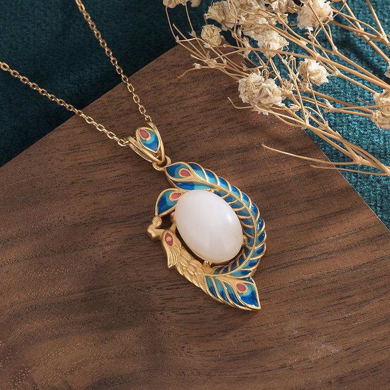 Buddha Stones White Jade Peacock Copper Blessing Necklace Pendant