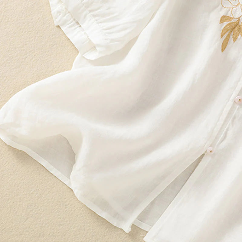 Buddha Stones Rose Floral Embroidery Button Half Sleeve Women's Cotton Shirt