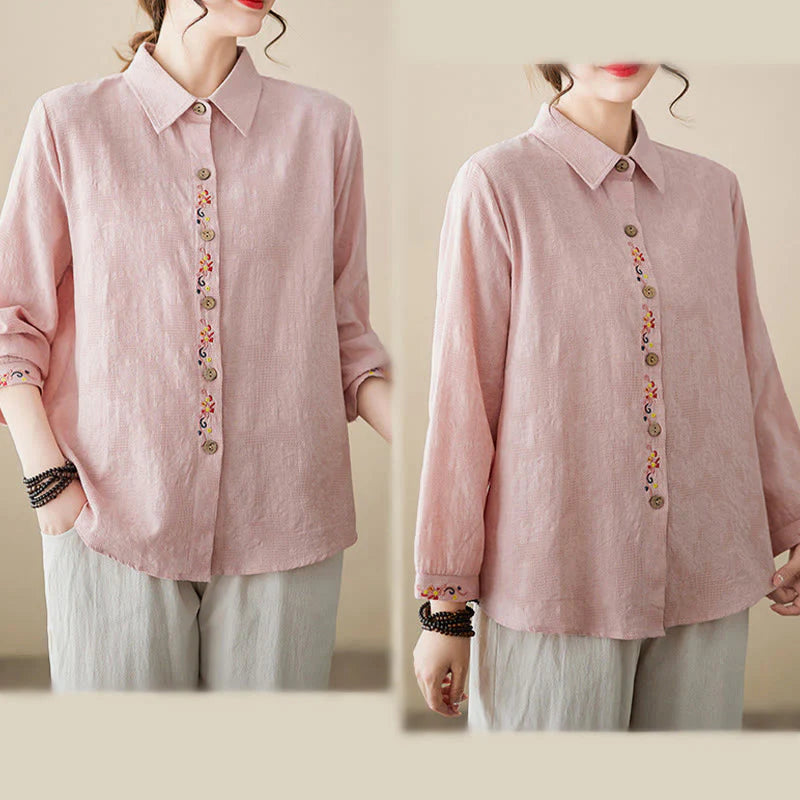 Buddha Stones Spring Plain Embroidered Flower Pattern Button Women's Long Sleeve Cotton Lapel Shirt