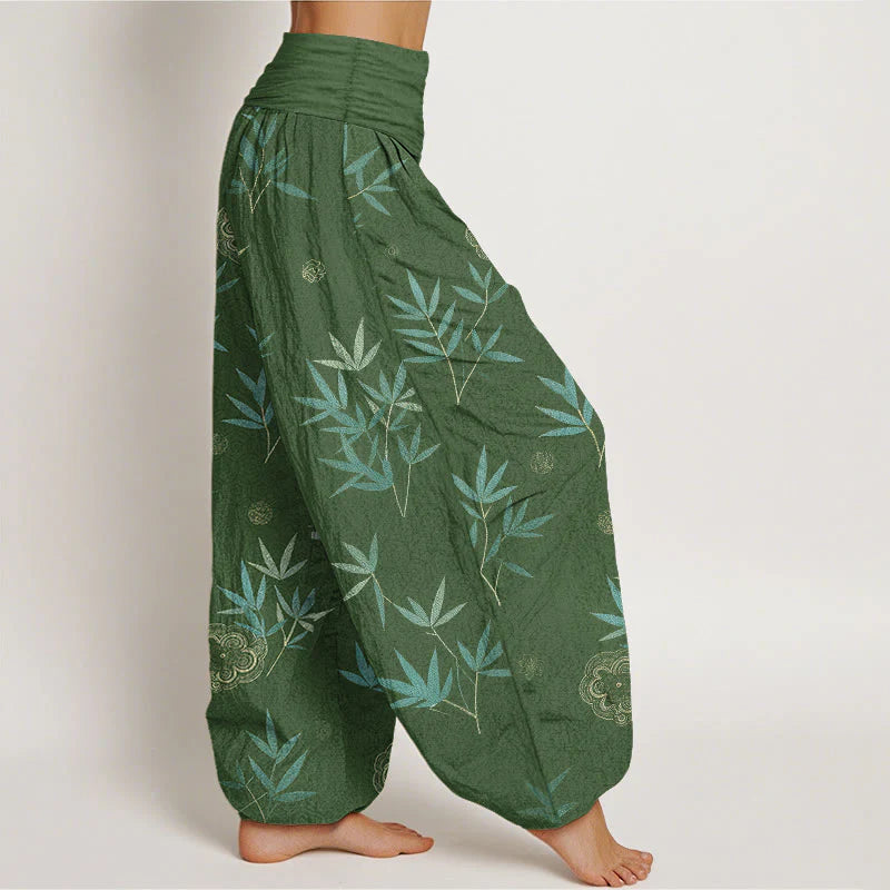 Buddha Stones Cotton Bamboo Geometric Flowers Pattern Women's Elastic Waist Harem Pants