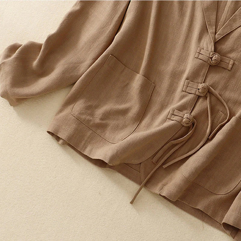 Buddha Stones Women's Cotton Linen Frog-Button Long Sleeve Jacket With Pockets