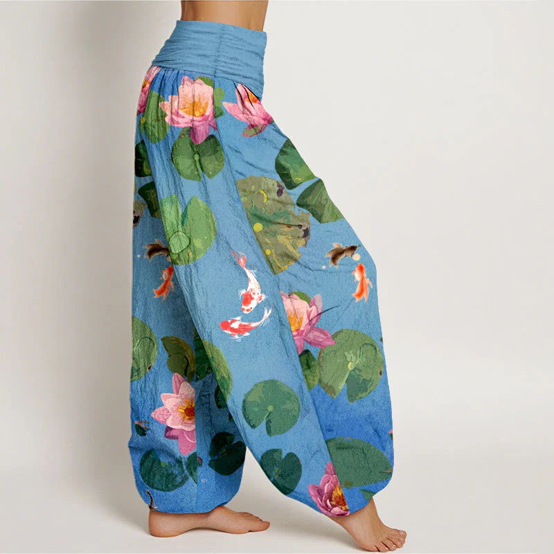 Buddha Stones Print Koi Fish Lotus Flowers Pattern Women's Elastic Waist Harem Pure Cotton Pants
