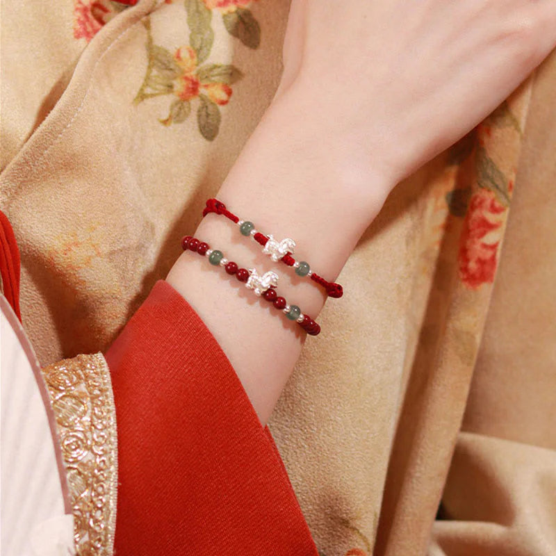 Buddha Stones Year of the Horse Cinnabar Jade Red String Blessing Bracelet