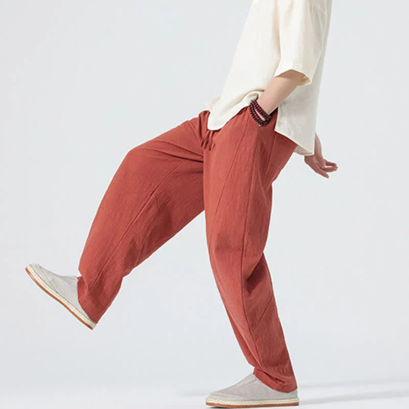 Buddha Stones Spring Pure Color Men's Cotton Drawstring Pants With Pockets