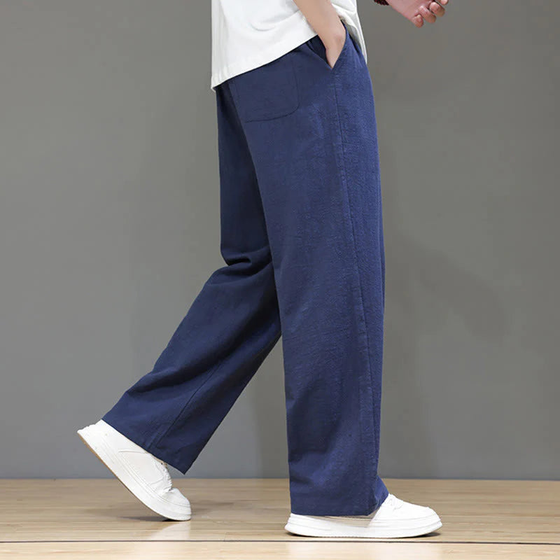 Buddha Stones Summer Men's Cotton Linen Straight Leg Pants With Pockets