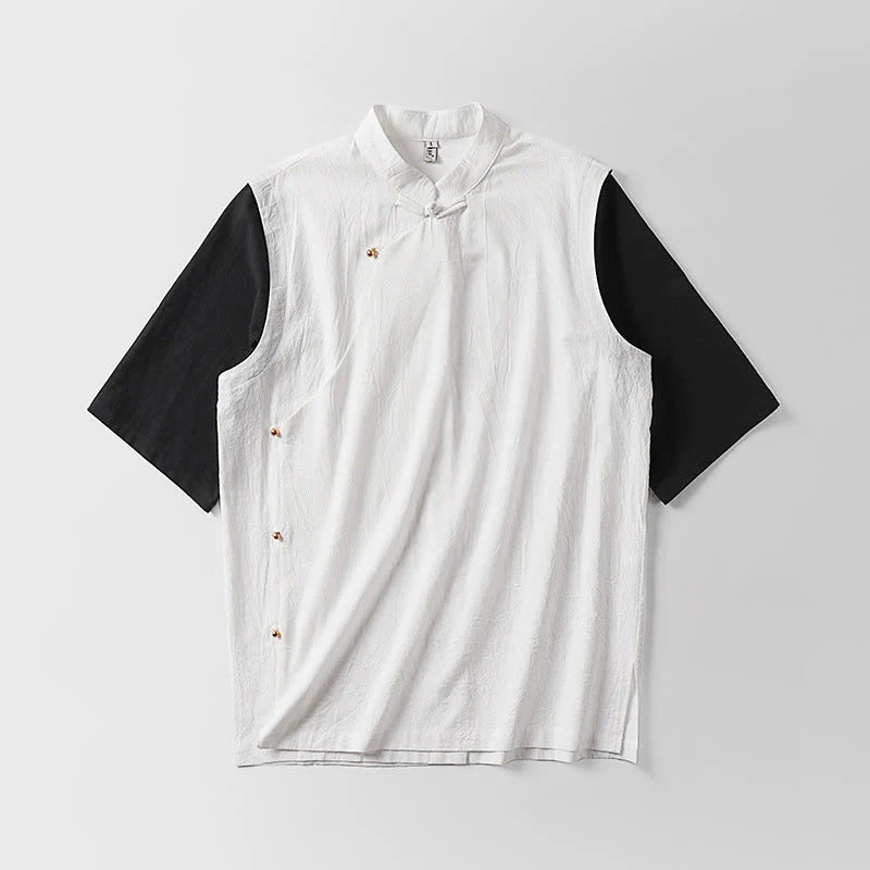 Buddha Stones Summer 2 In 1 Stripes Stand Collar Short Sleeve Frog-Button Men's Cotton Shirt