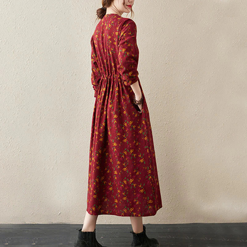 Buddha Stones Ethnic Printing Floral Long Sleeve Buttons Design Cotton Linen Midi Dress With Pockets
