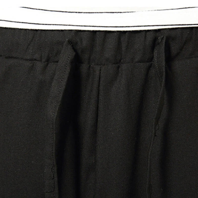 Buddha Stones Spring Plain Simple Patchwork Design Drawstring Cotton Linen Men's 7-8 Length Wide Leg Pants With Pockets