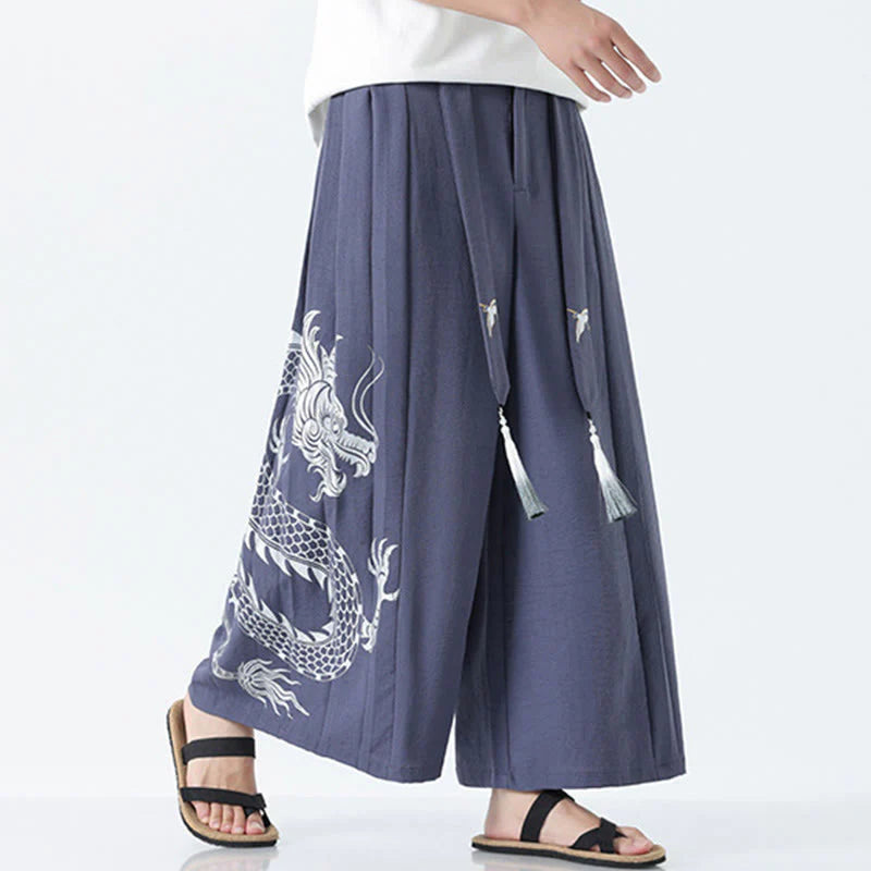 Buddha Stones Summer Dragon Drawstring Design Cotton Ankle-Length Men's Wide Leg Pants With Pockets