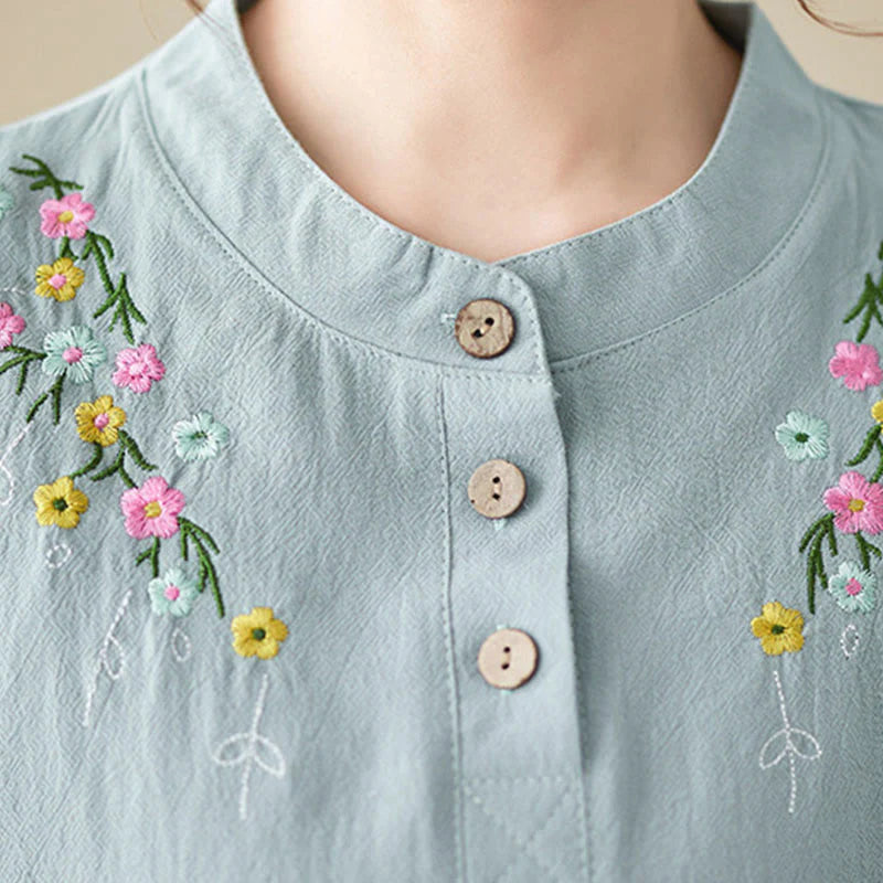 Buddha Stones Women's Spring Embroidered Flower Pattern Stand Collar Long Sleeve Cotton Shirt