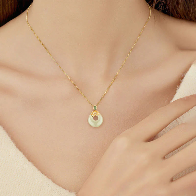 Buddha Stones 925 Sterling Silver Plated Gold Hetian Jade Lotus Luck Necklace Pendant