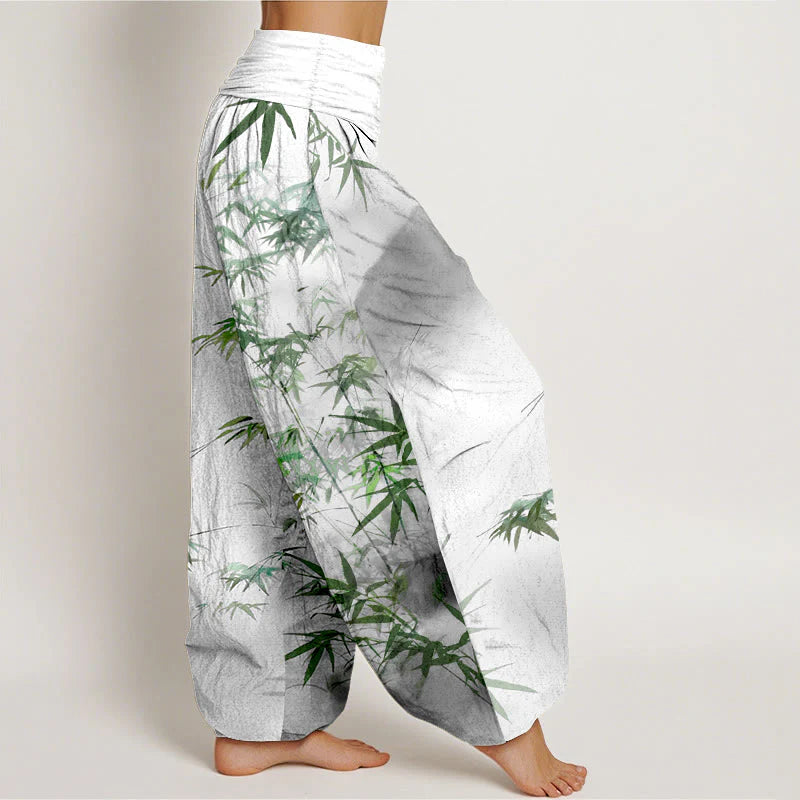 Buddha Stones Pure Cotton Bamboo Leaves Mountain Pattern Women's Elastic Waist Harem Pants