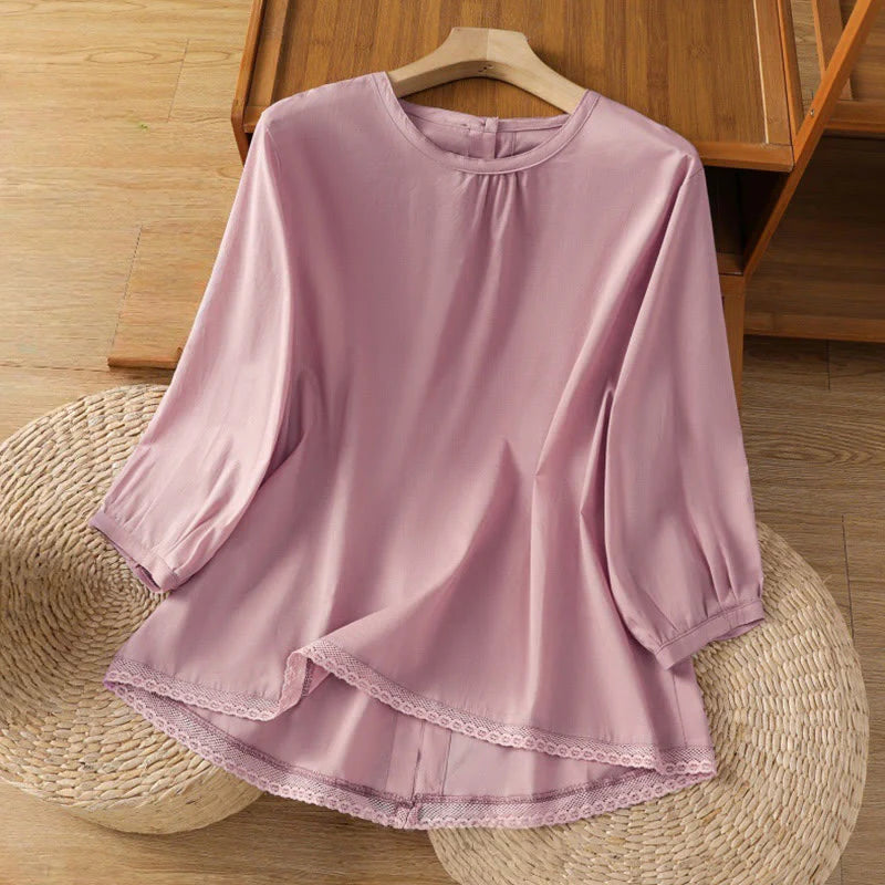 Buddha Stones Plain Lace Hem Single Breasted Button Cotton Linen Three Quarter Sleeve Women's Crew Neck Shirt