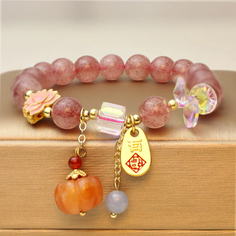 Buddha Stones Natural Strawberry Quartz Fu Character Pumpkin Charm Positive Bracelet (Extra 35% Off | USE CODE: FS35)