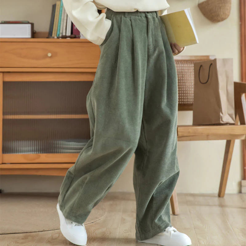 Buddha Stones Women's High Waist Zipper Design Wide Leg Cotton Corduroy Pants With Pockets