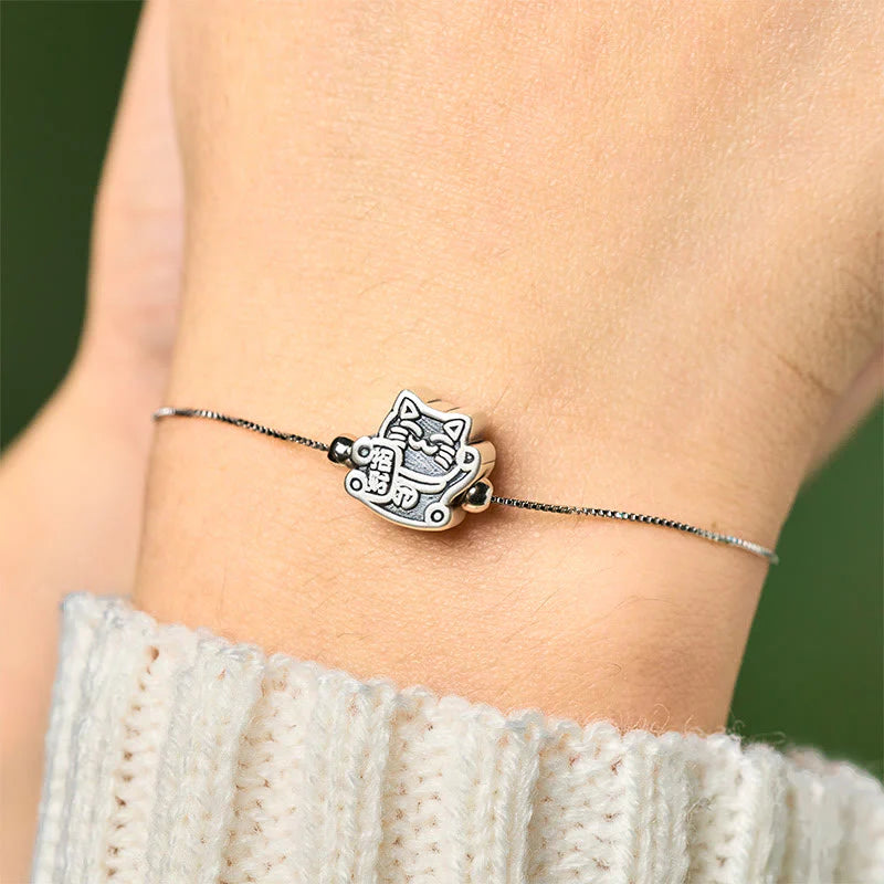 Buddha Stones 999 Sterling Silver Fortune Cat 925 Sterling Silver Chain Protection Bracelet