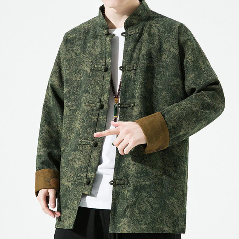 Buddha Stones Spring Printed Floral Pattern Men's Chinese Frog-button Long Sleeve Cotton Jacket