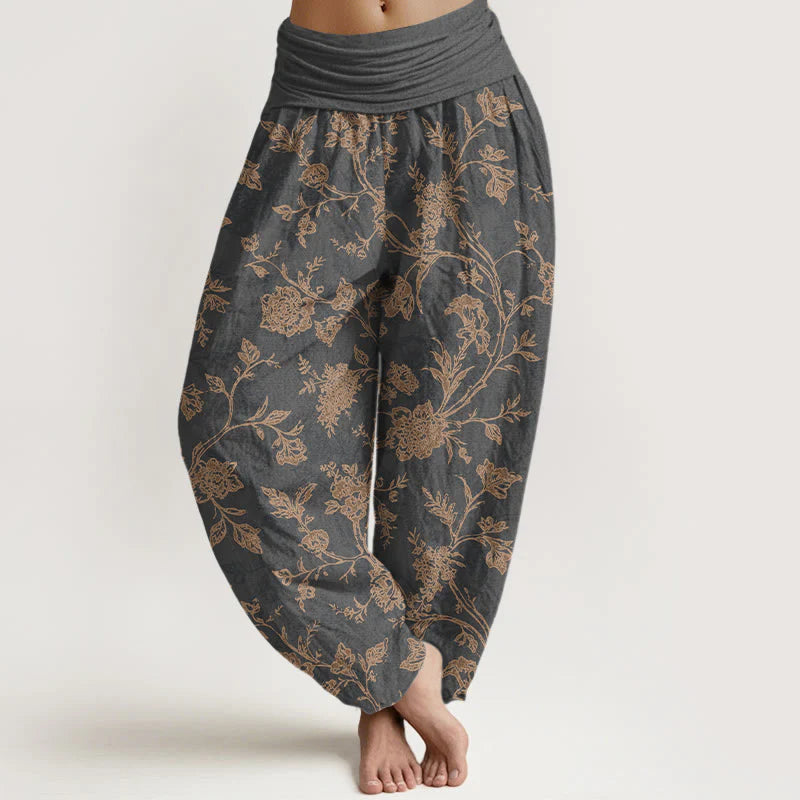 Buddha Stones Cotton Full Coverage Flowers Pattern Women's Elastic Waist Harem Pants