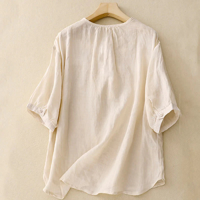 Buddha Stones Casual Women's Plain Frog Buckle Design Half Sleeve Shirt