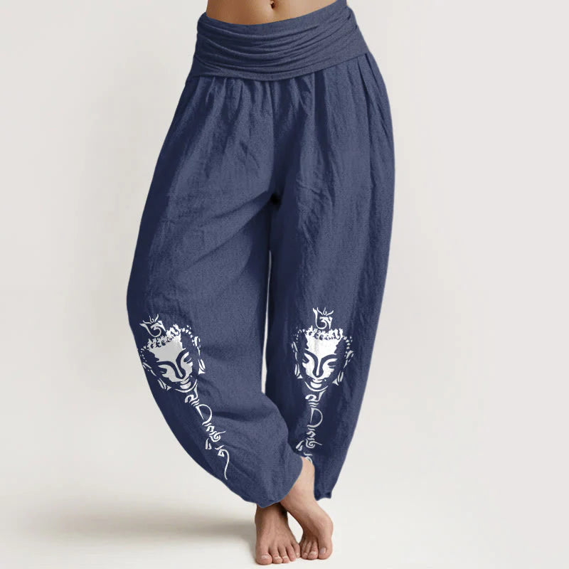 Buddha Stones Pure Cotton Concise Om Symbol Buddha Pattern Women's Elastic Waist Harem Pants