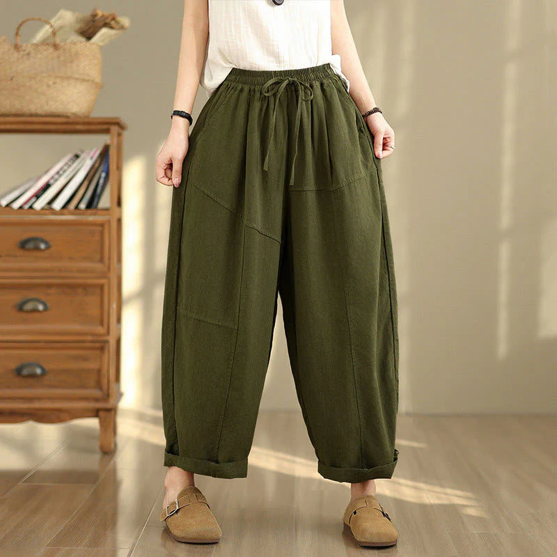 Buddha Stones Women's Fall Plain Color Drawstring Cotton Linen 7-8 Length Pants With Pockets