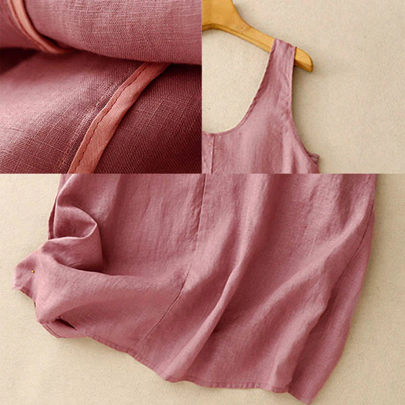 Buddha Stones Summer Daily Casual Pure Color Crew Neck Simple Design Sleeveless Midi Dress With Pockets