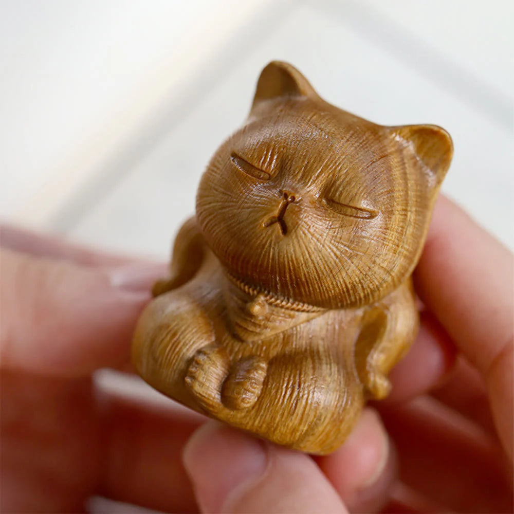 Buddha Stones Small Mini Green Sandalwood Lucky Cat Carved Soothing Decorations