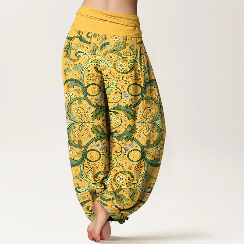 Buddha Stones Pure Cotton Layered Leaves Vines Flowers Pattern Women's Elastic Waist Harem Pants