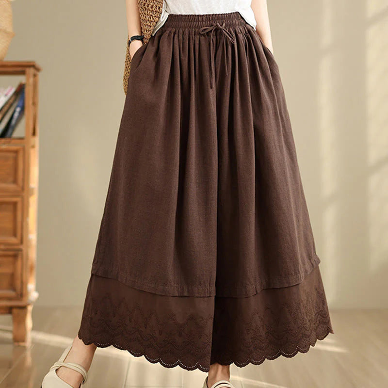 Buddha Stones Spring Embroidery Lace Hem Patchwork Drawstring Design Women's Wide Leg Cotton Pants With Pockets
