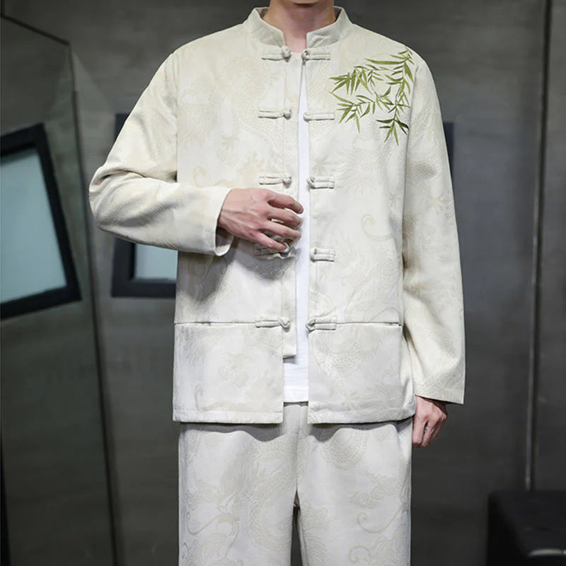 Buddha Stones 2Pcs Spring Dragon Bamboo Clouds Men's Tang Suit Frog-Button Cotton Long Sleeve Jacket Pants Set With Pockets