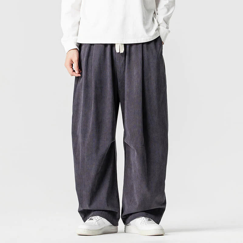 Buddha Stones Winter Drawstring Corduroy Cotton Men's Wide Leg Pants With Pockets