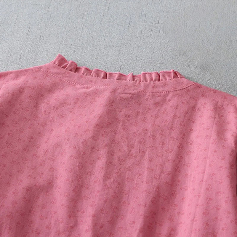 Buddha Stones Casual Retro Solid Color Button Ruffled Crew Neck Design Short Sleeve Cotton Linen Midi Dress With Pockets