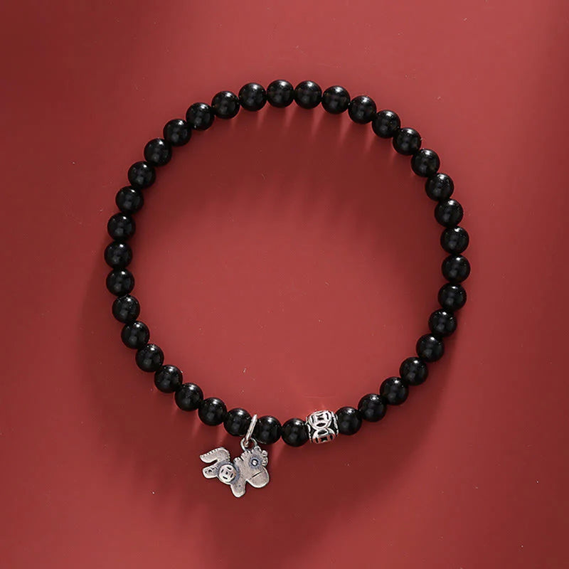 Buddha Stones Year Of The Horse 925 Sterling Silver Natural Black Obsidian Strength Bracelet