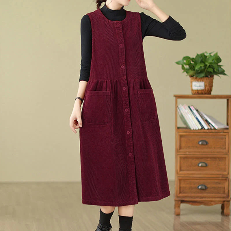 Buddha Stones Fall Retro Buttons Design Corduroy Sleeveless Midi Dress With Pockets