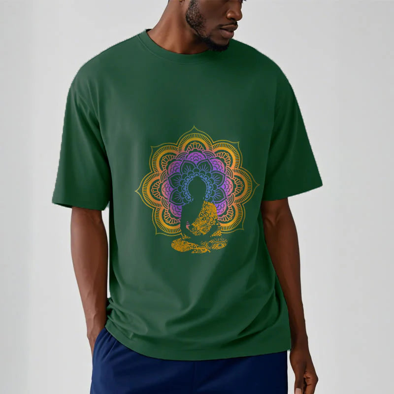 Buddha Stones Multicolor Mandala Flower Seated Buddha Pattern Tee T-shirt