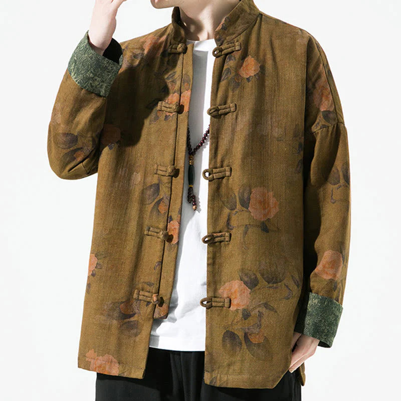 Buddha Stones Spring Printed Floral Pattern Men's Chinese Frog-button Long Sleeve Cotton Jacket