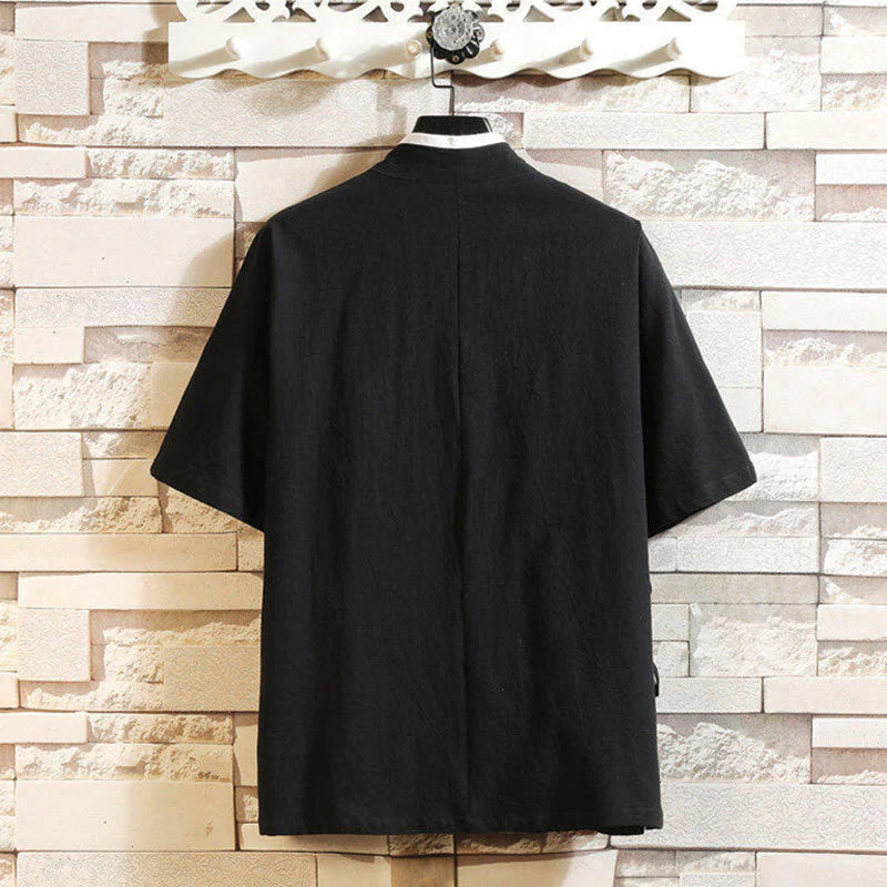 Buddha Stones Tang Suit Embroided Crane Pattern Lace-Up Side Men's Cotton Linen Short Sleeve T-Shirt