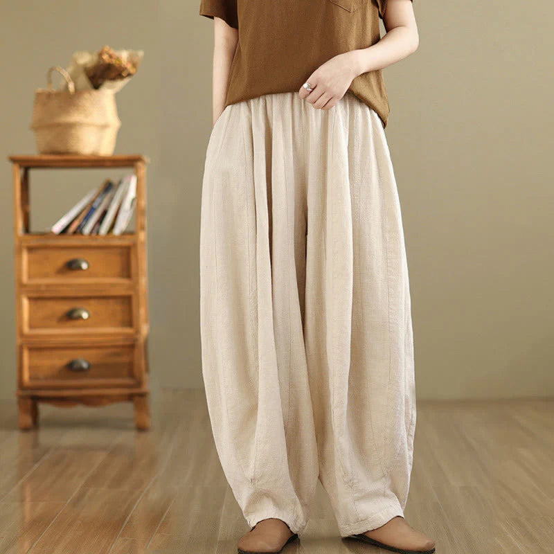 Buddha Stones Vintage Patchwork Lantern Design Cotton Linen Women's Wide Leg Pants With Pockets