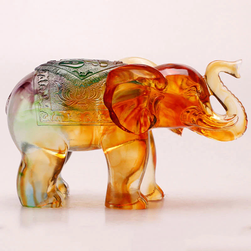 Buddha Stones Handmade Liuli Crystal Elephant Art Piece Wisdom Wealth Home Decoration