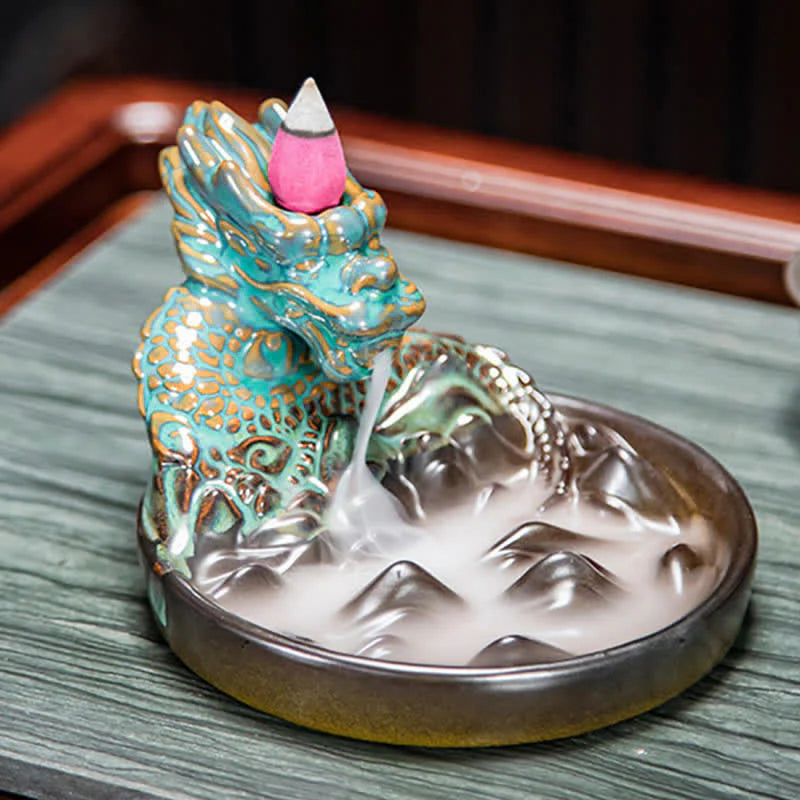 Dragon Pattern Ceramic Backflow Smoke Fountain Incense Burner Decoration (Extra 35% Off | USE CODE: FS35)