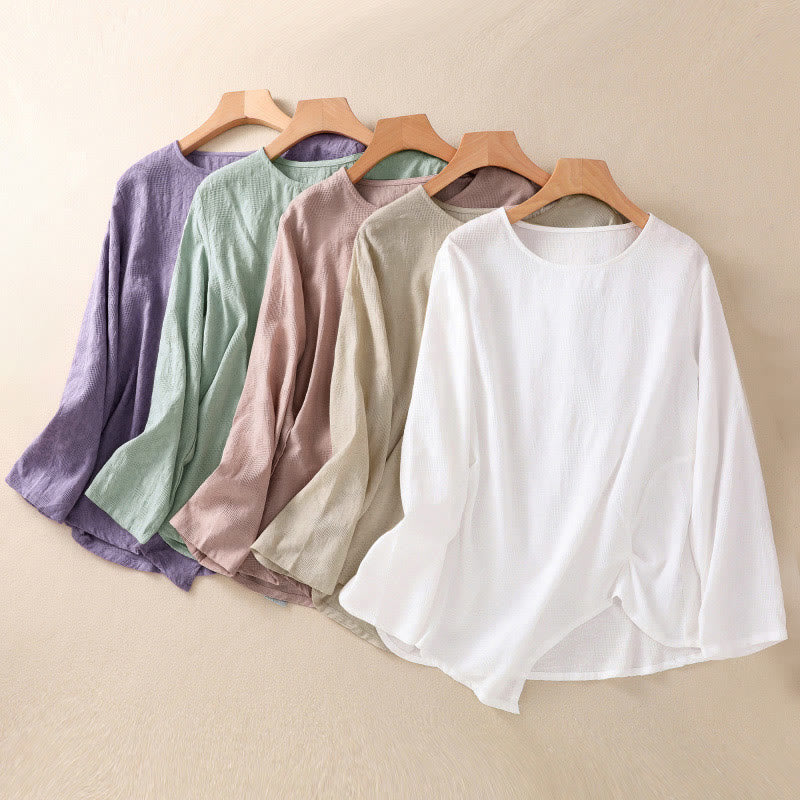 Buddha Stones Jacquard Irregular Hem Pleated Design Women's Cotton Long Sleeve Shirt
