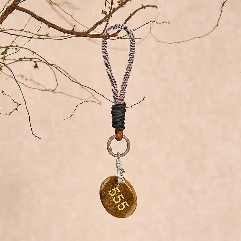 Buddha Stones Wishing Positive Change and Freedom 555 Angel Number Natural Tiger Eye Key Chain Hanging Decoration Includes Gift Message Card
