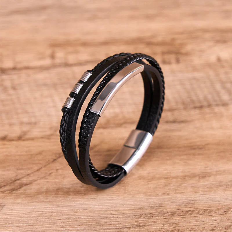 Buddha Stones Fashion Titanium Steel Leather Hand Woven Magnetic Buckle Strengthen Bracelet