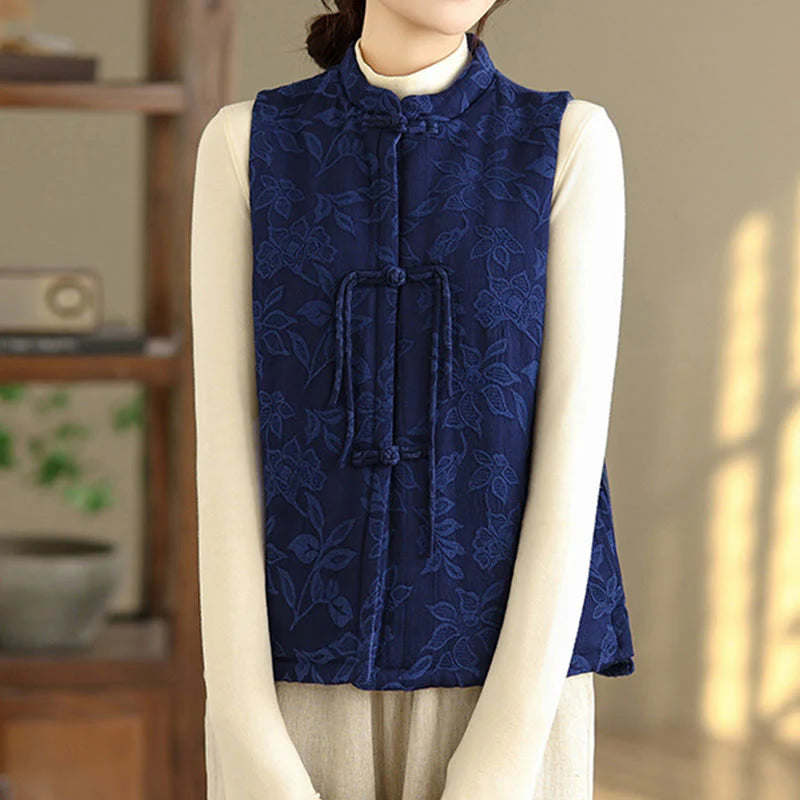 Buddha Stones Jacquard Pattern Frog-button Women's Sleeveless Cotton Vest Waistcoat With Pockets